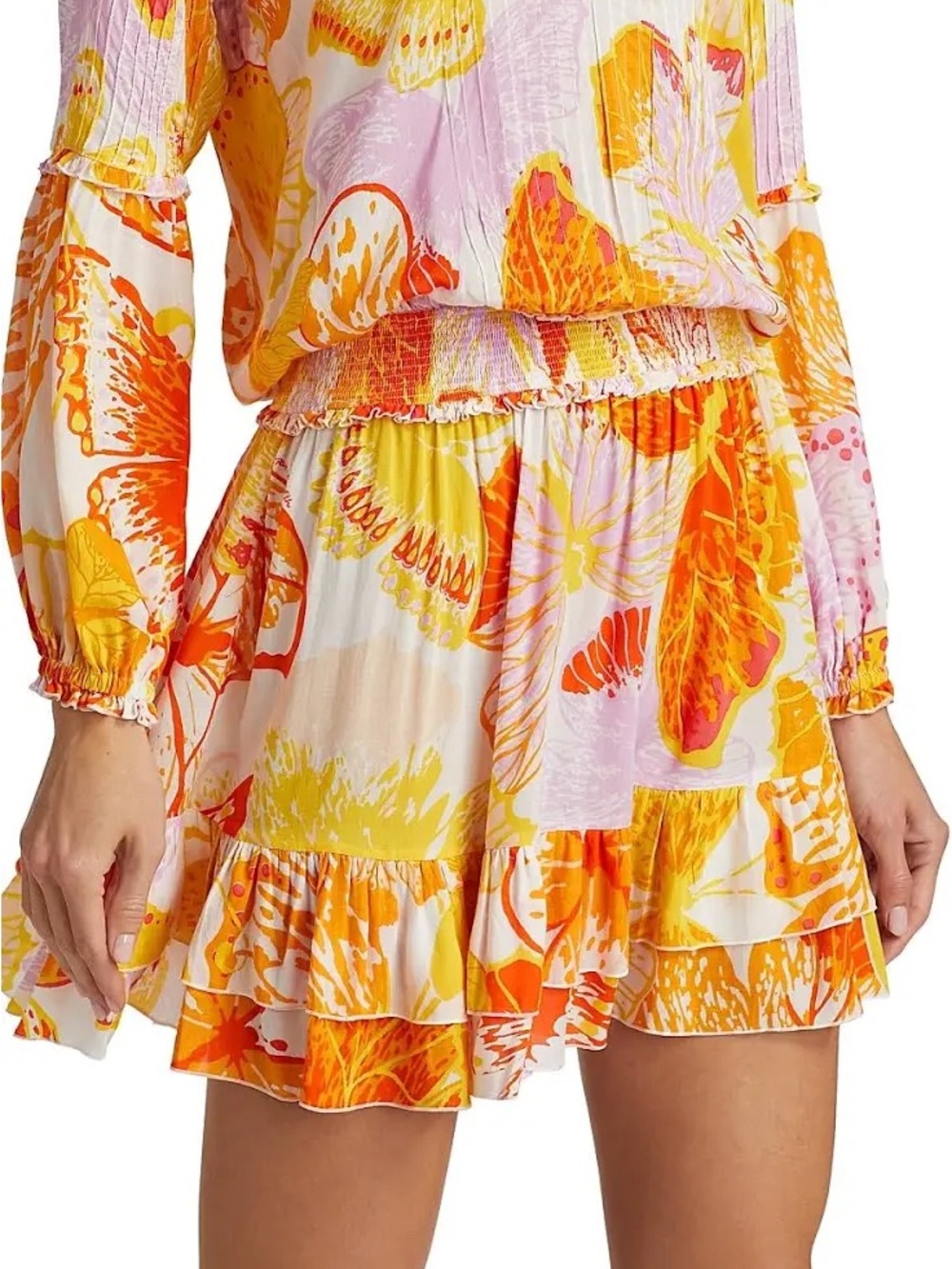 Poupette St. Barth Yellow Orange Pink Floral Ruffled Mini Dress NWT - L
